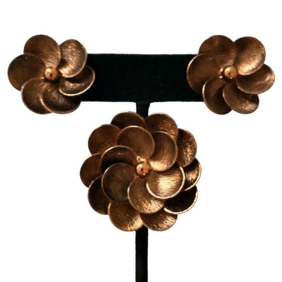 Demi Parure Earrings Brooch Set Vtg Copper Floral 50s 60s Daisy Estate MCM Retro - Picture 7 of 16
